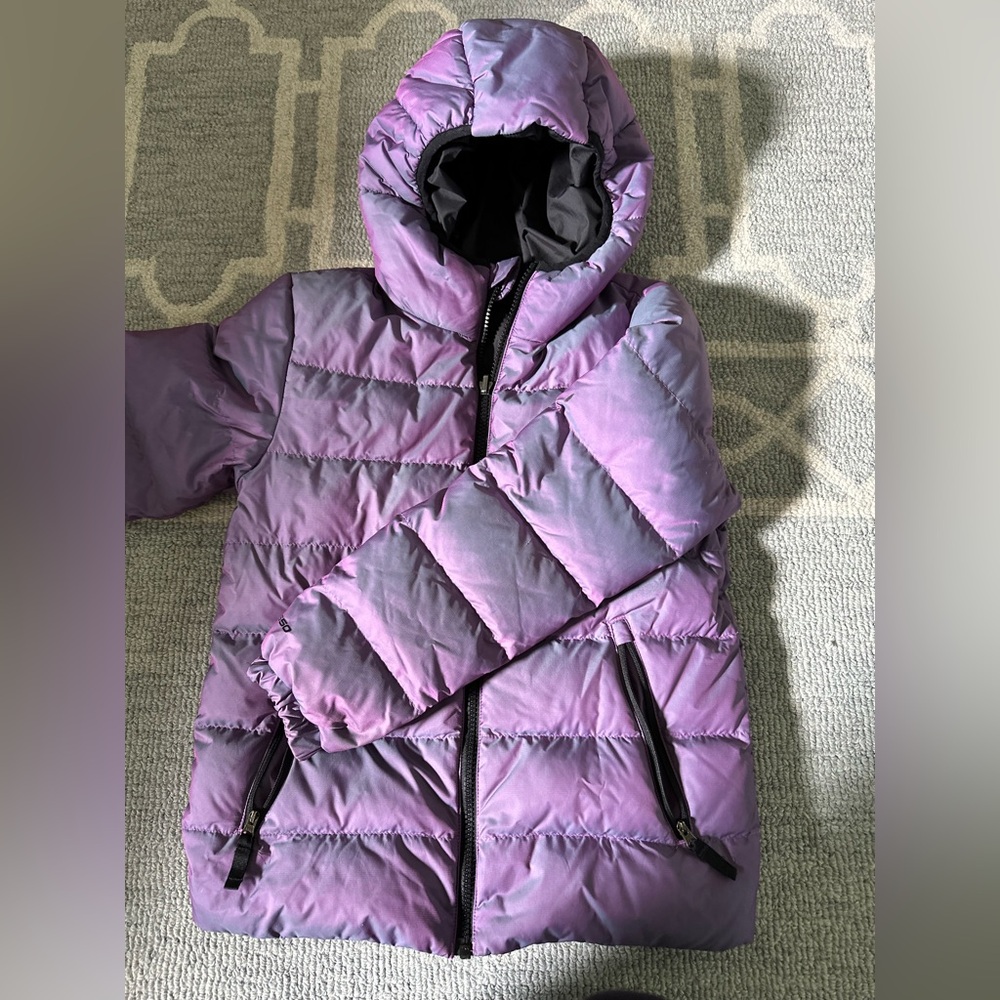 Girls North Face Purple Metallic Down Puffer Hooded Jacket - Picture 5 of 5